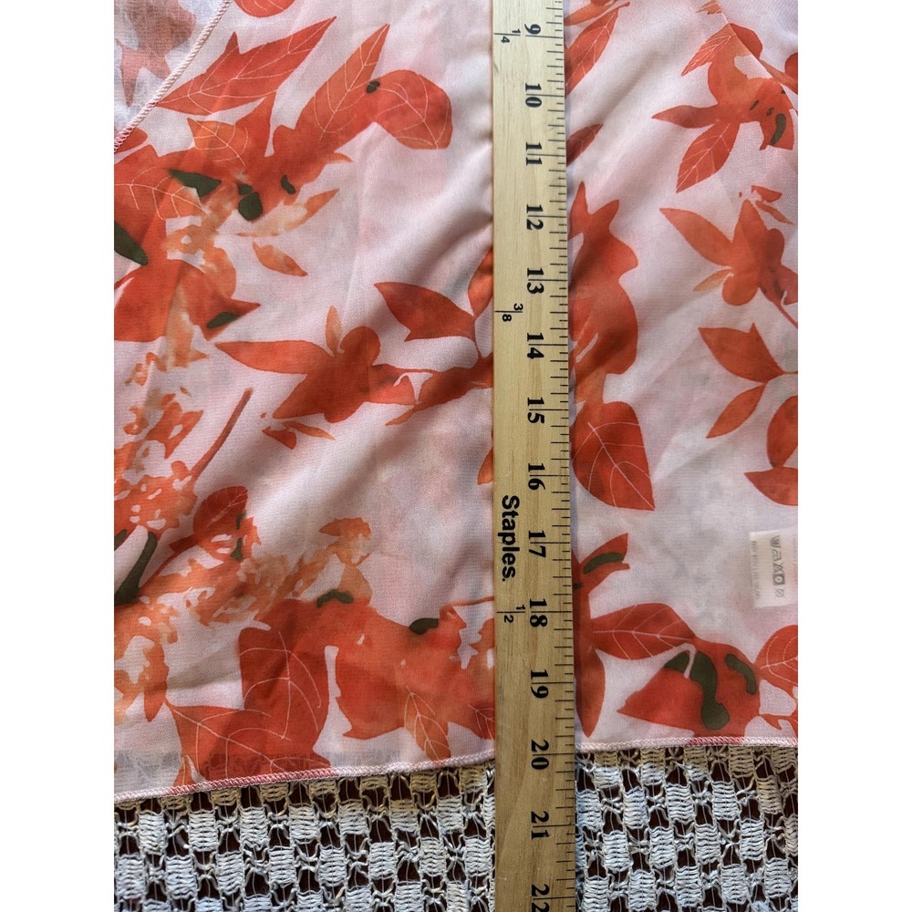Floral Kimono Cardigan Womens XXL Orange Peach Leaf Print Sheer Open Front Wrap - Picture 4 of 7